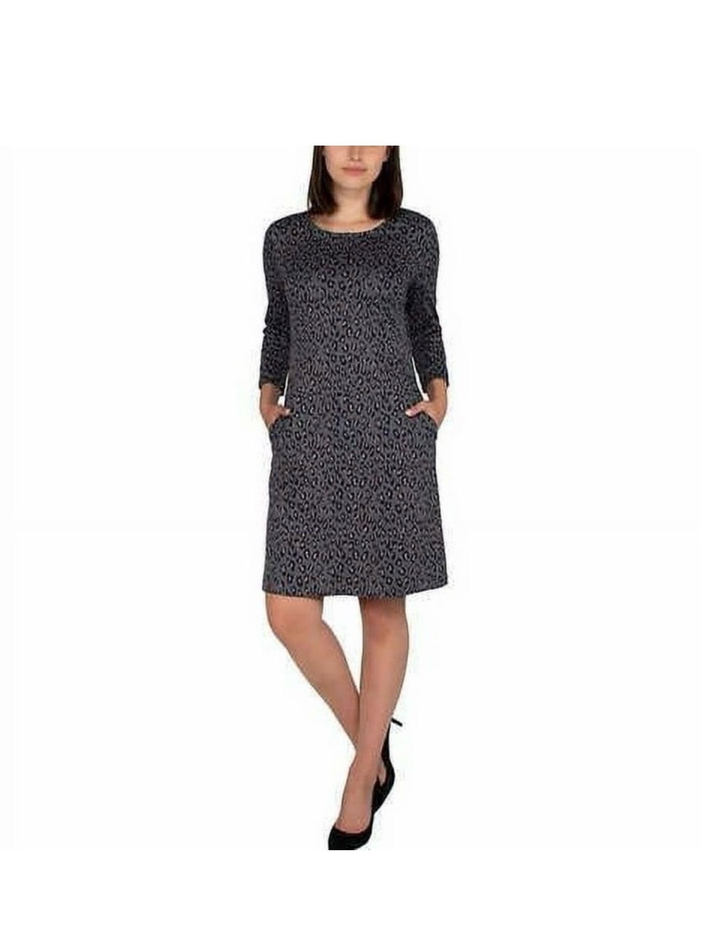 Nicole Miller Grey Leopard-Print Midi Shift Dress Winter Office Sz L
